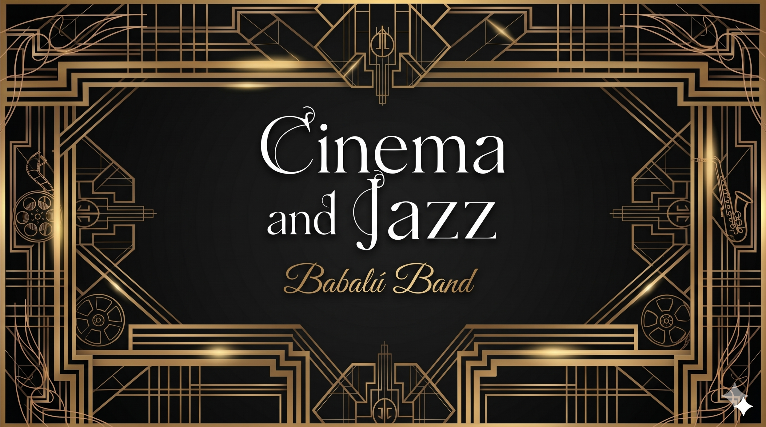 Cartel oficial de Cinema & Jazz, espectáculo de Babalú Band que combina cine, música en directo y jazz con una estética elegante y vintage.